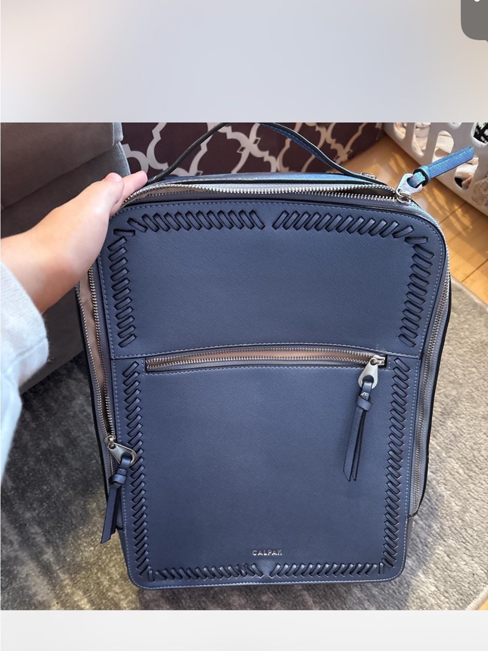 CALPAK Navy Leather Travel Backpack